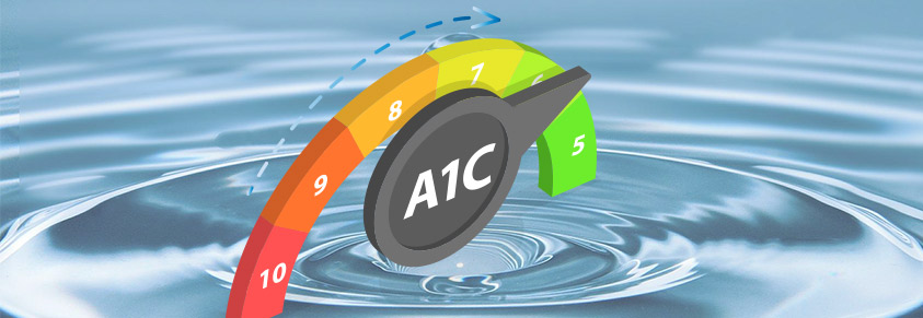 Eine Anzeige zeigt einen HbA1c von 6, im Hintergrund Wasser