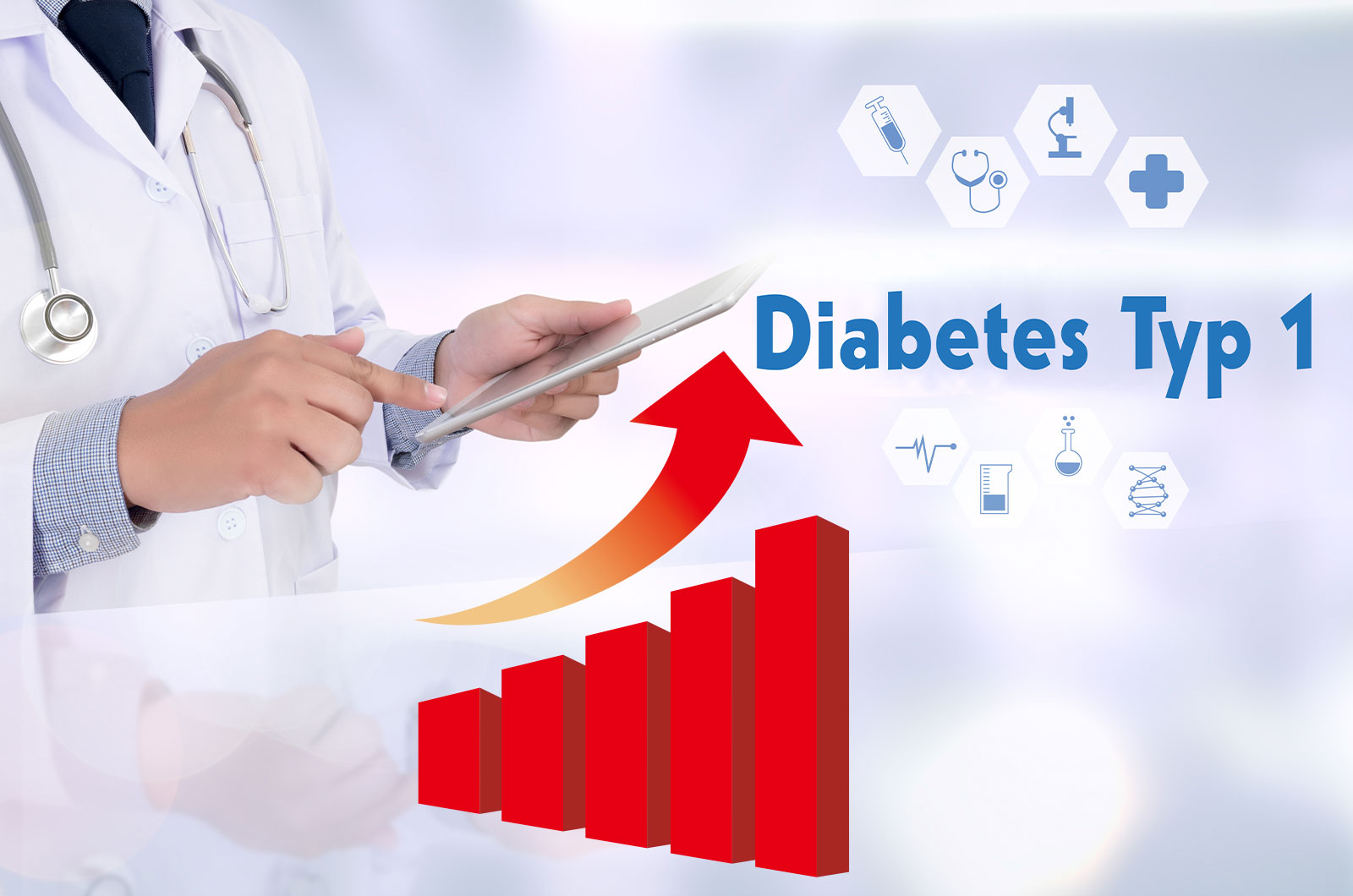 Diabetes Typ 1, Arzt mit Checkliste und Diagramm Diagnose Erkankungen an Diabetes mitTendenz steigend 