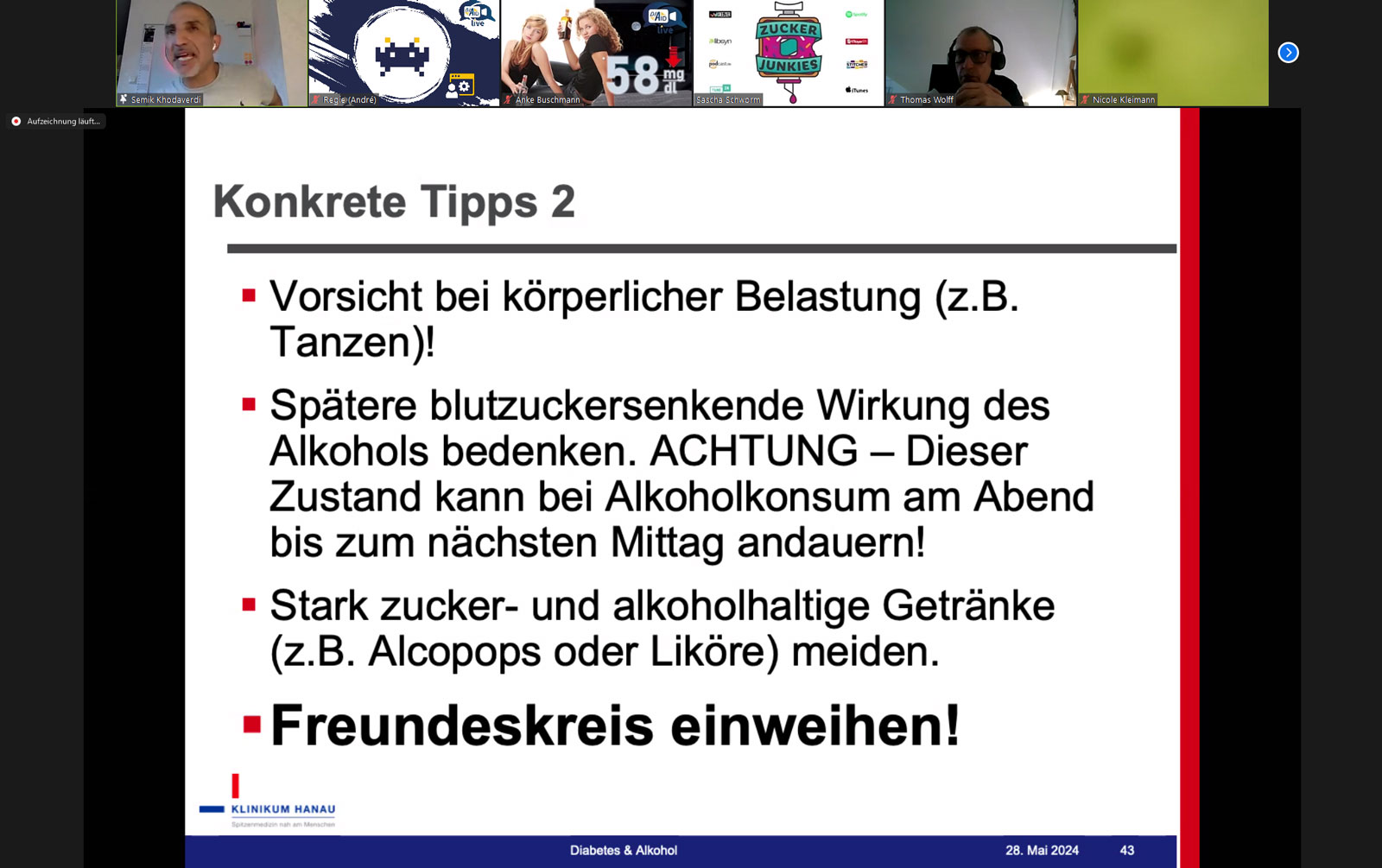 Eine weitere Folie aus der Konferenz mit praktischen Tipps zu Alkohol und Diabetes